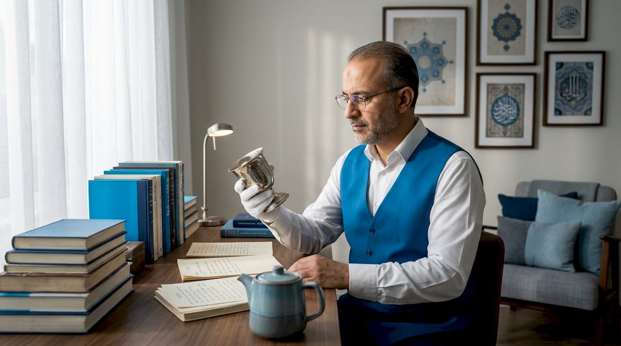 Scholar studying silver artefact in library office