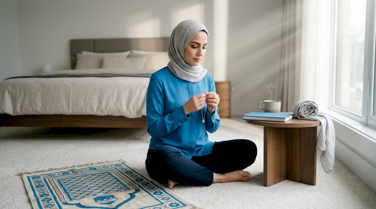 Muslim woman contemplating spiritual necklace at home