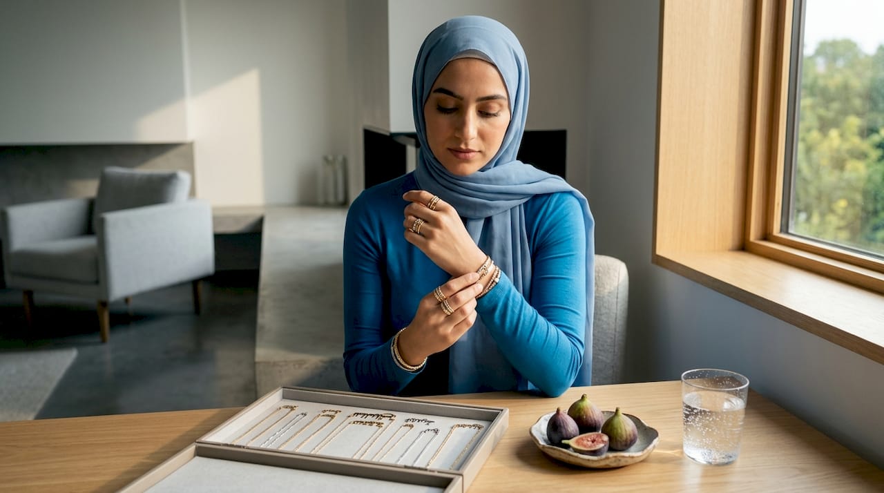 Woman arranging stackable gold jewellery on hand