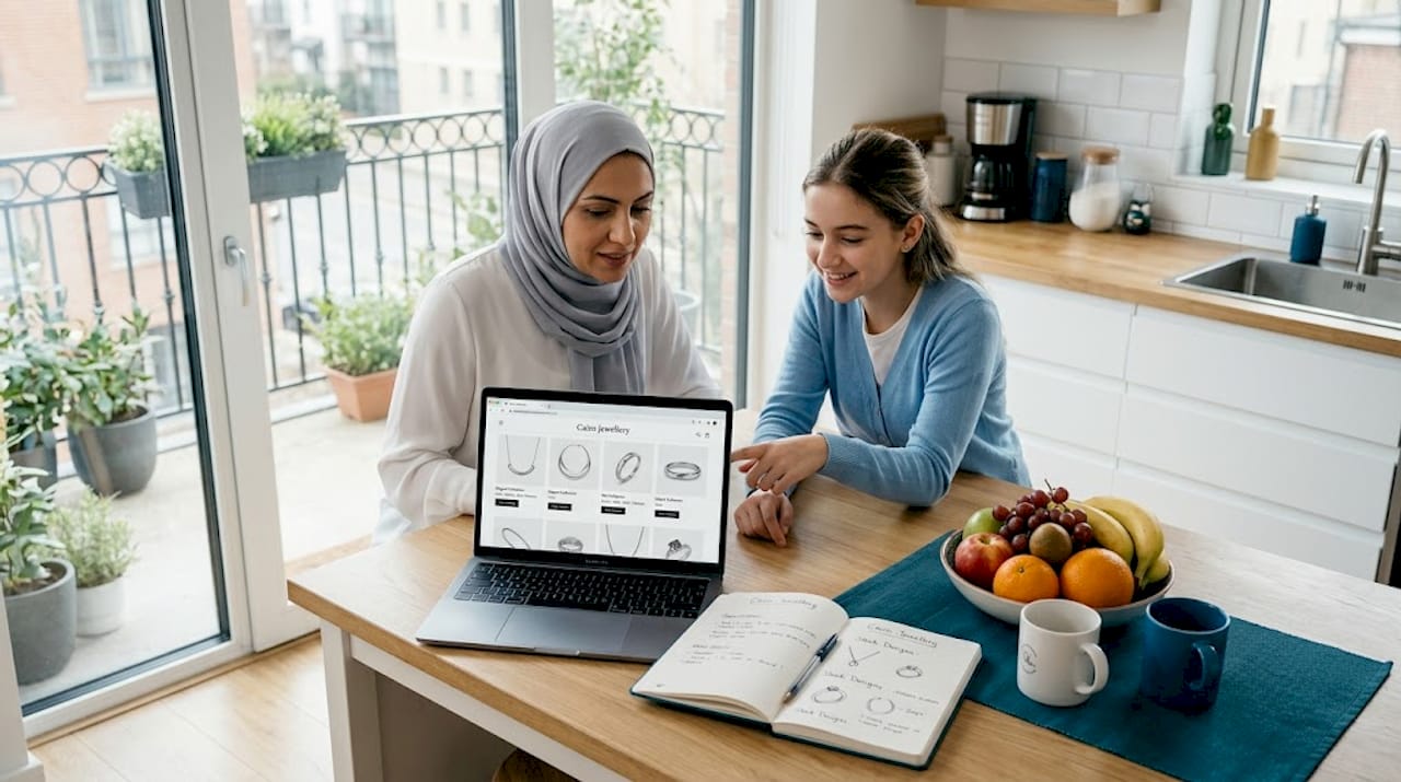 Family browsing halal jewellery sites at home