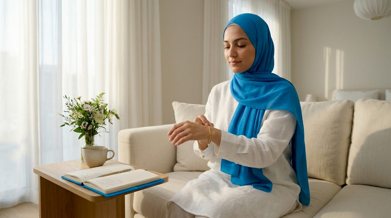 Woman fastening bracelet in bright living room