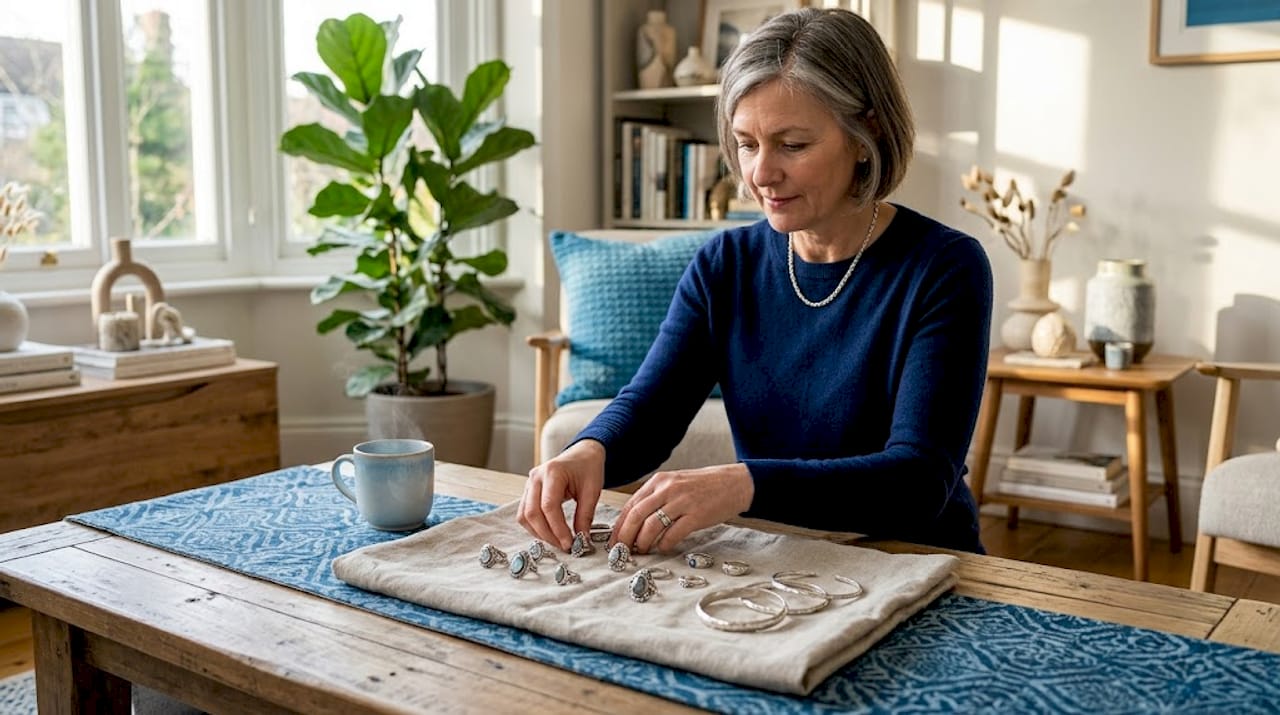 Woman arranging traditional Muslim jewelry at home