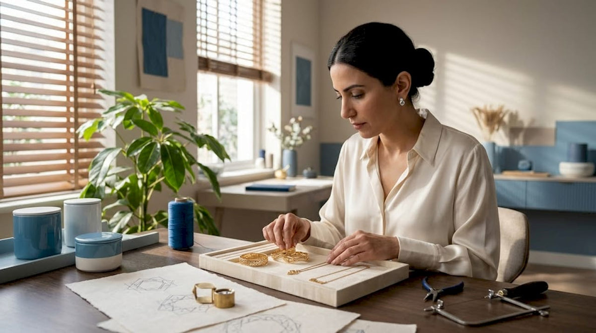 Designer arranging Arabic jewelry on velvet tray