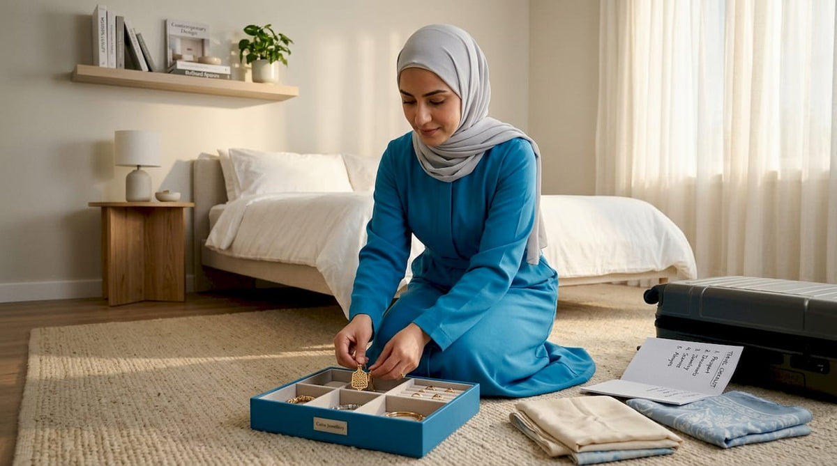 Muslim woman packing Islamic jewelry for travel