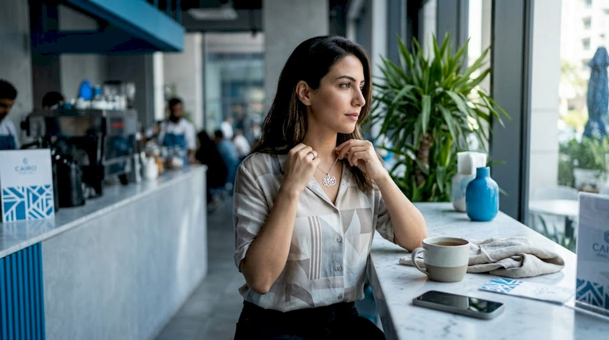 Woman wearing Islamic jewelry at kitchen table