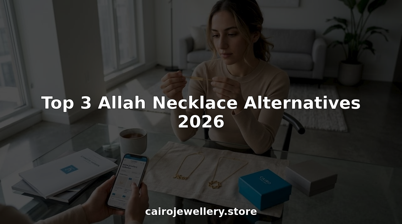 Woman comparing Islamic jewelry alternatives at home table