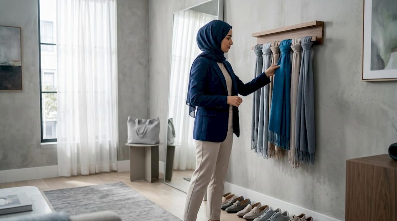 Muslim woman selecting scarf in entryway