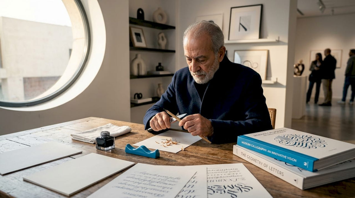 Calligraphy expert at manuscript worktable