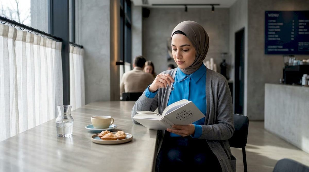 Muslim woman with Allah pendant at kitchen table