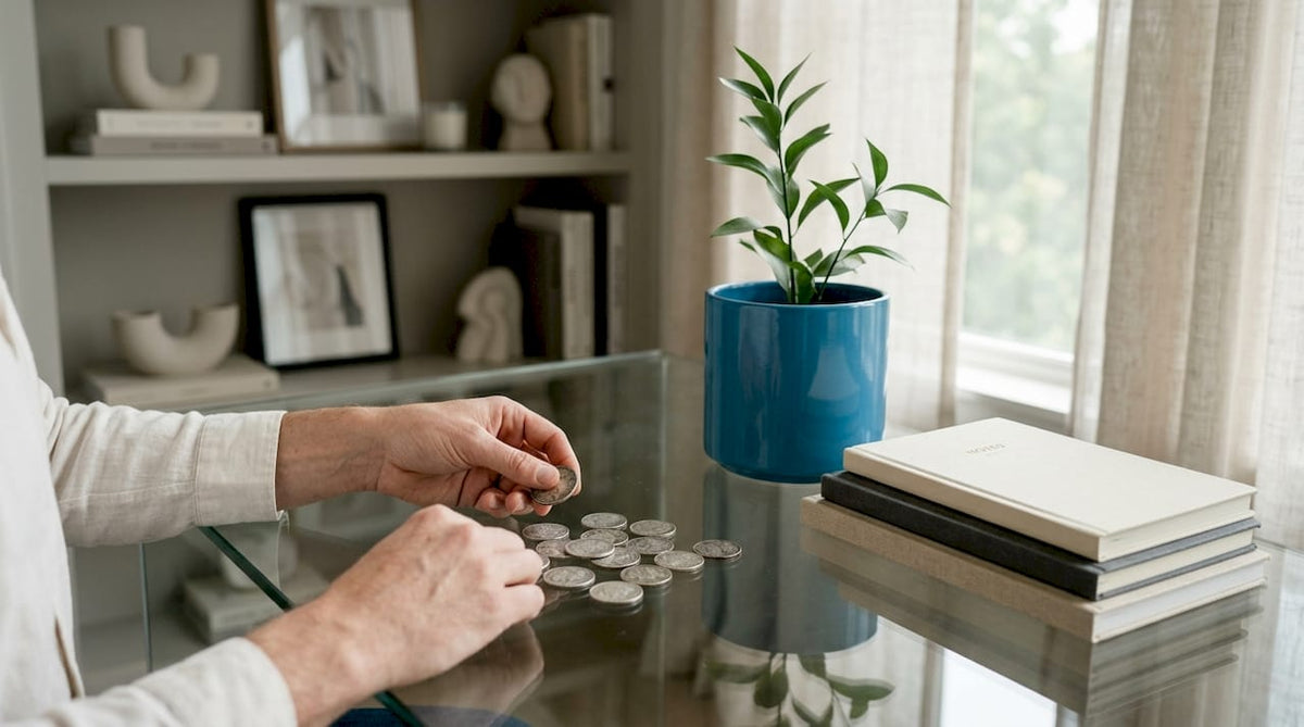 Hands counting Islamic silver coins on desk