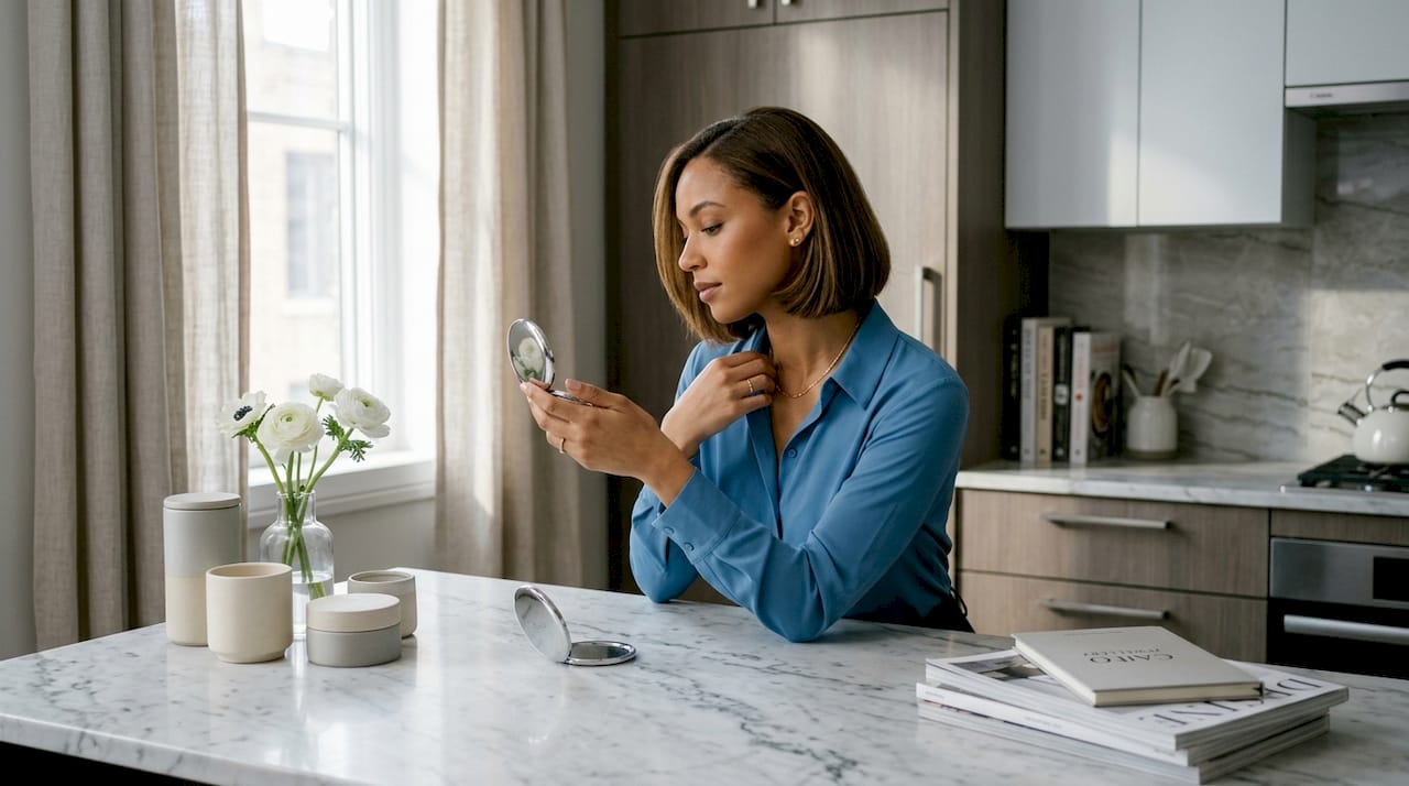 Woman styling modest jewellery in bright room