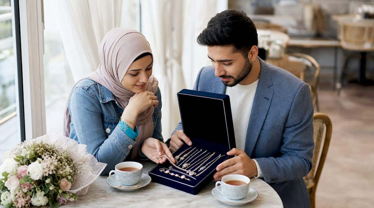 Muslim couple reviewing nikah gift jewellery box