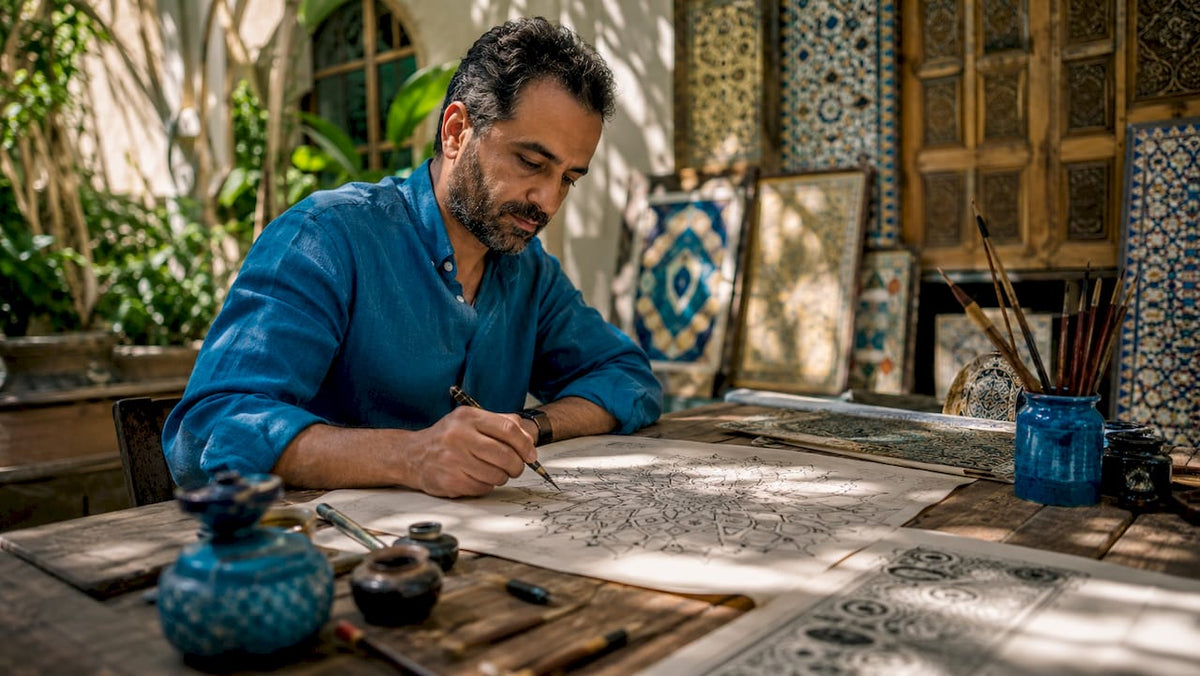 Artist sketching Islamic geometric patterns