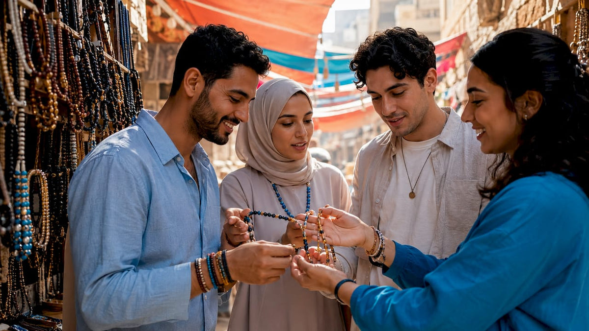 Close-up of diverse hands with unisex Muslim bracelets