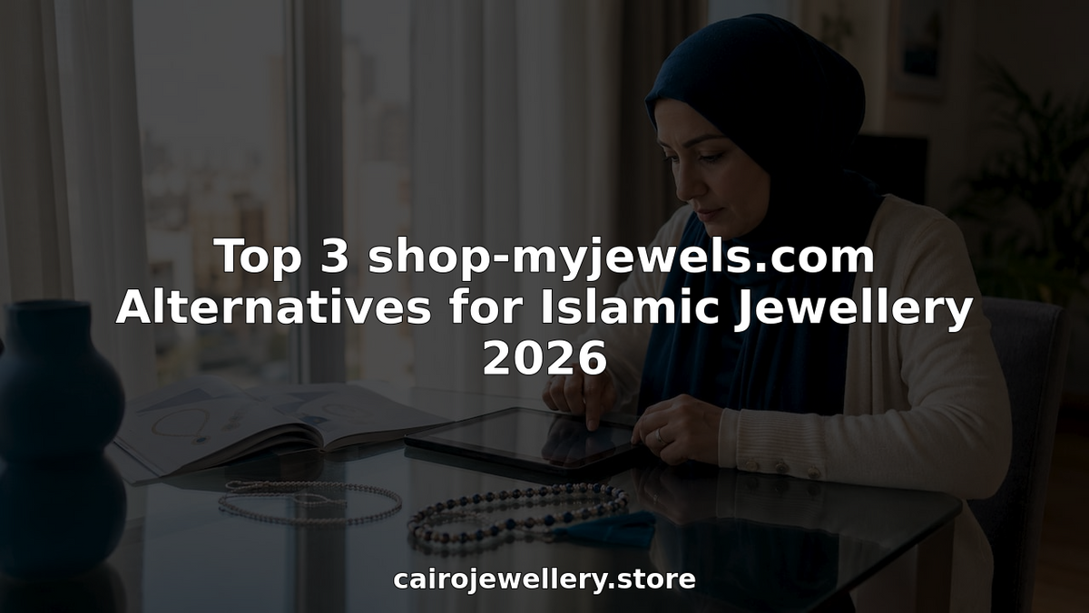 Woman browsing Islamic jewellery on a tablet at table