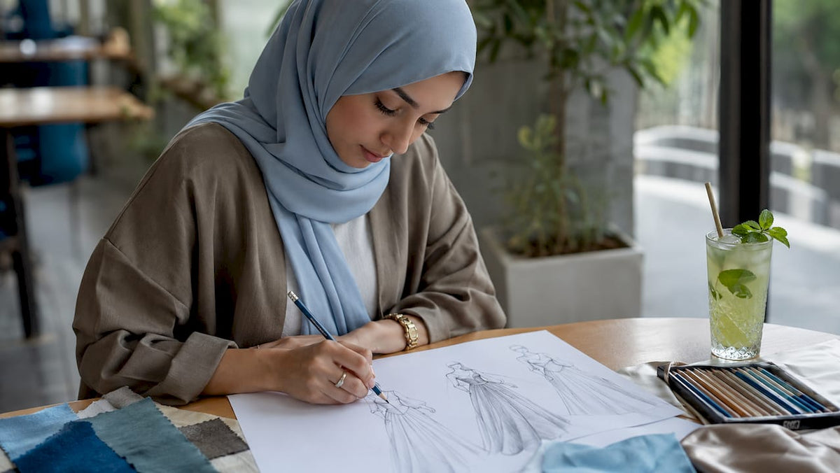 Young Muslim designer sketching modest fashion designs