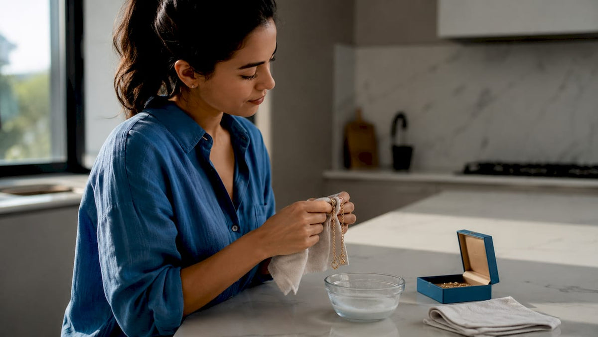 Person cleaning gold plated necklace gently