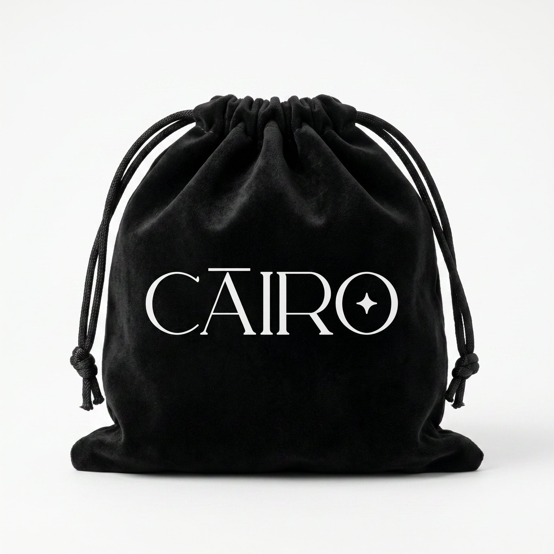 Black drawstring bag with 'CAIRO' branding on a white background