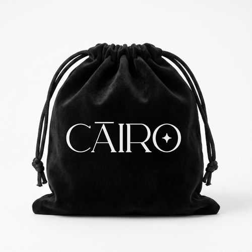 Black drawstring bag with 'CAIRO' branding on a white background