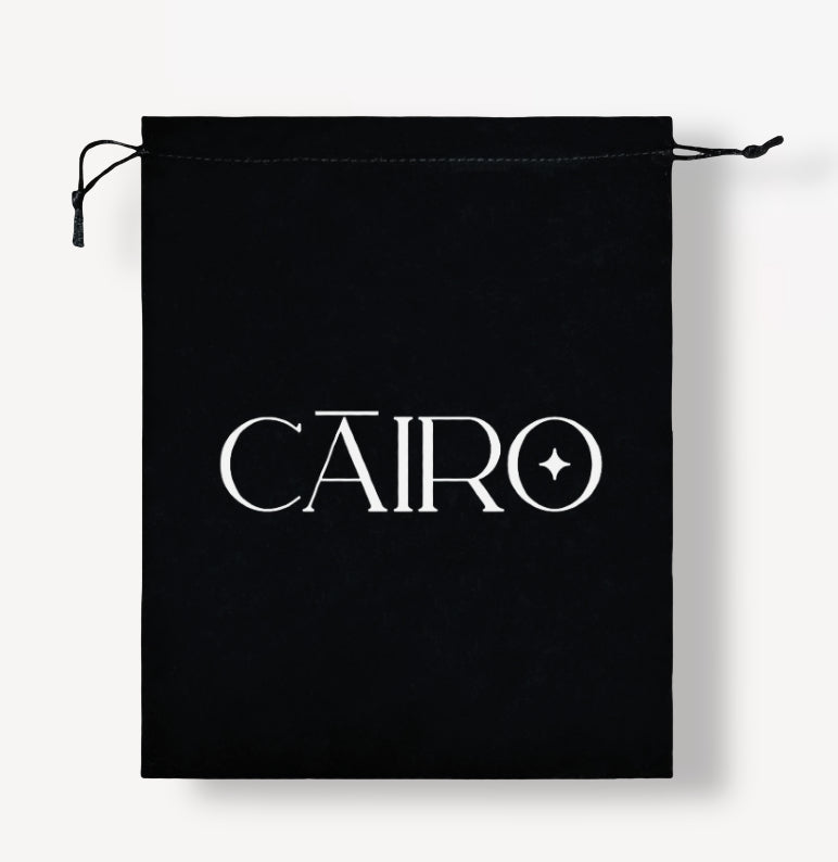 Black drawstring bag with 'CAIRO' logo on a white background